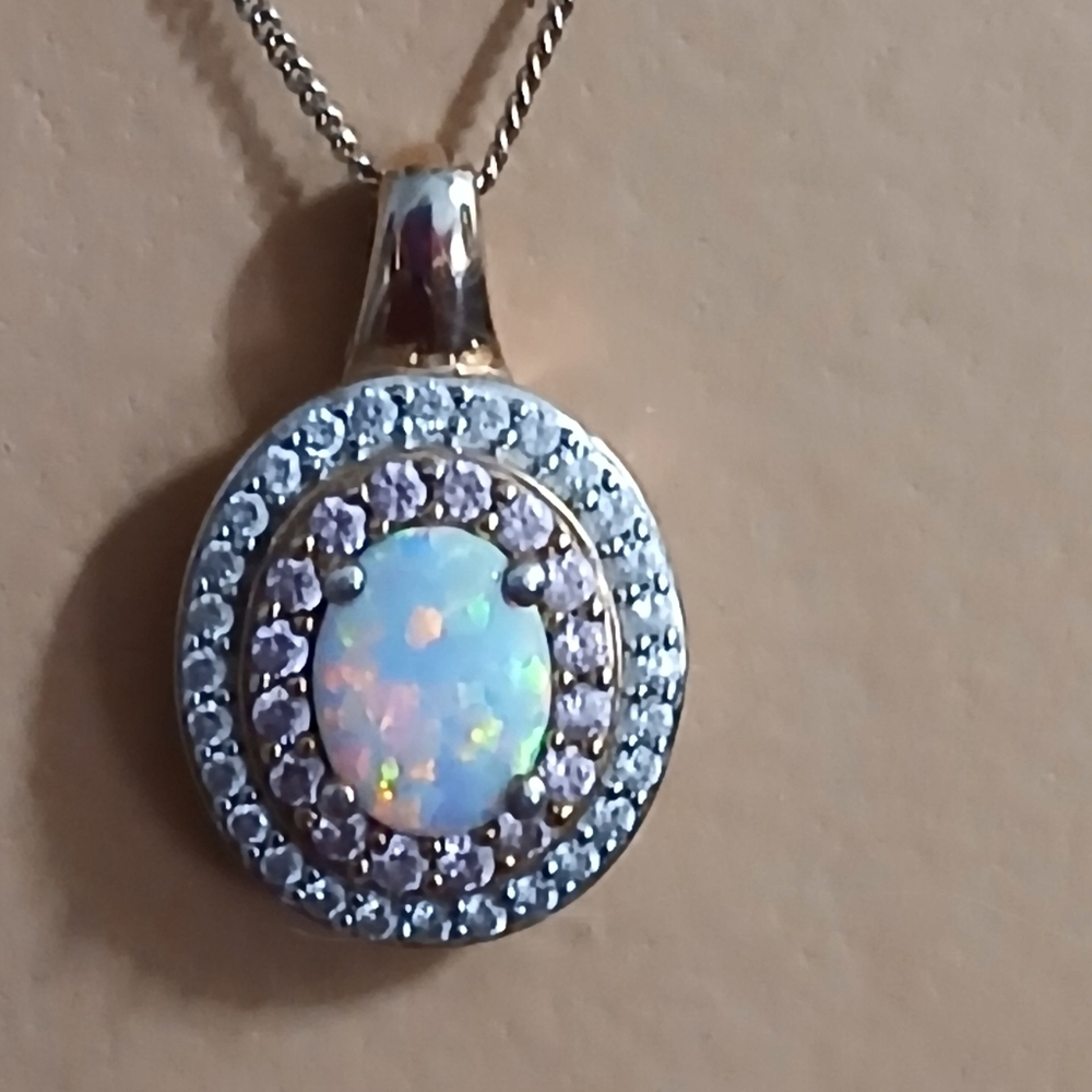 Dainty White  Opal with Double Row CZs Sterling Pendant Necklace 18: Chain